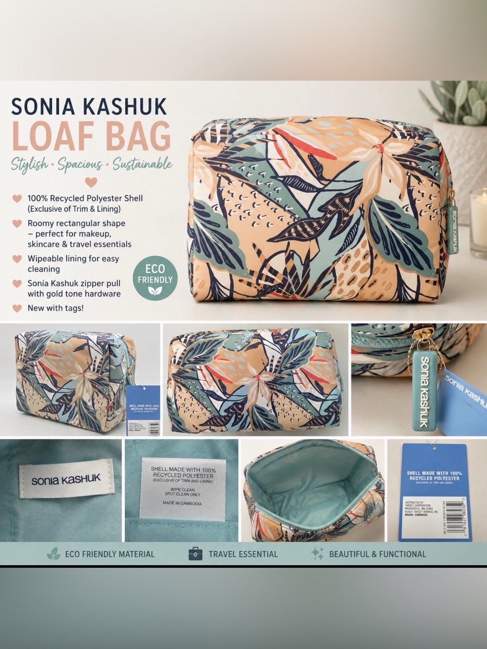 Soleil by Sonia Kashuk Floral Cosmetic Bag - Peach& Teal NWT